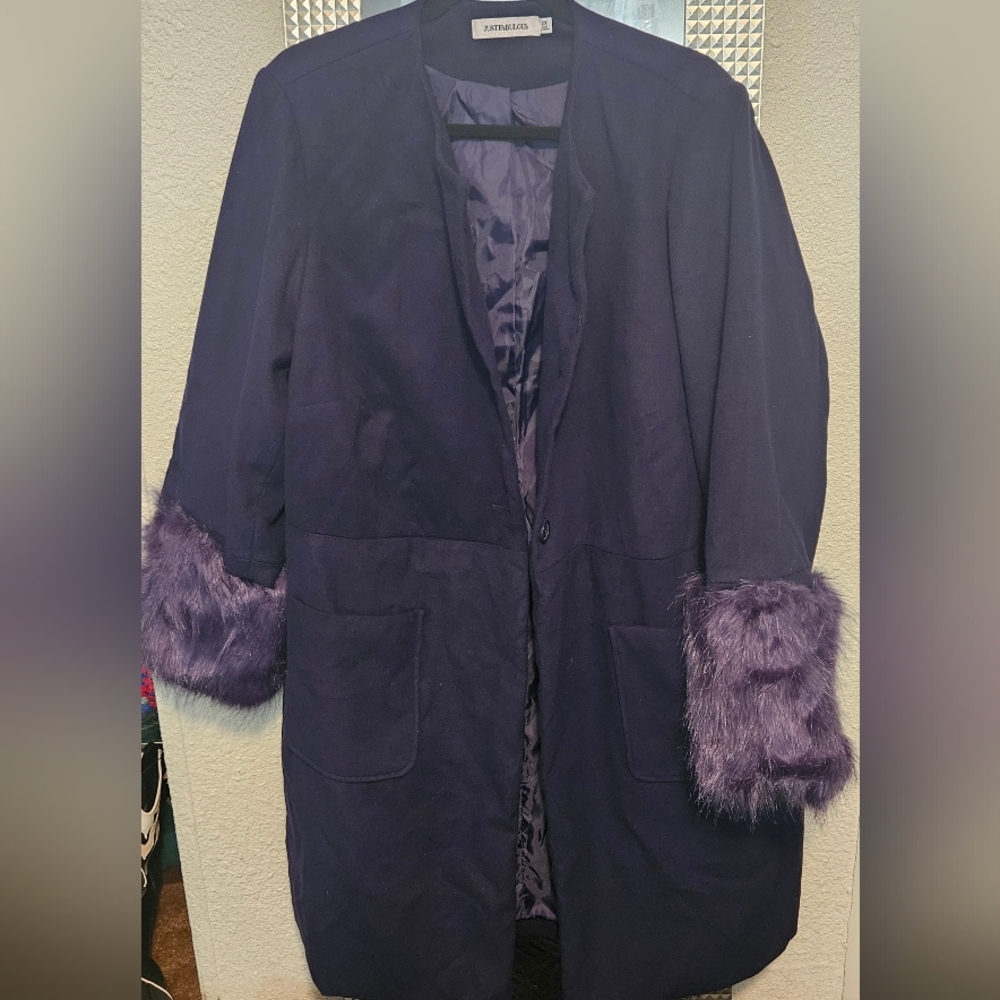 JustFab Navy Blue Plus Size Coat with Faux Fur Cuffs
